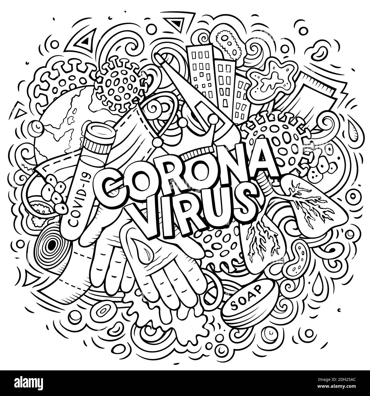 Coronavirus hand drawn cartoon doodles illustration. Creative art raster background. Handwritten text with medical elements and objects. Sketchy compo Stock Photo