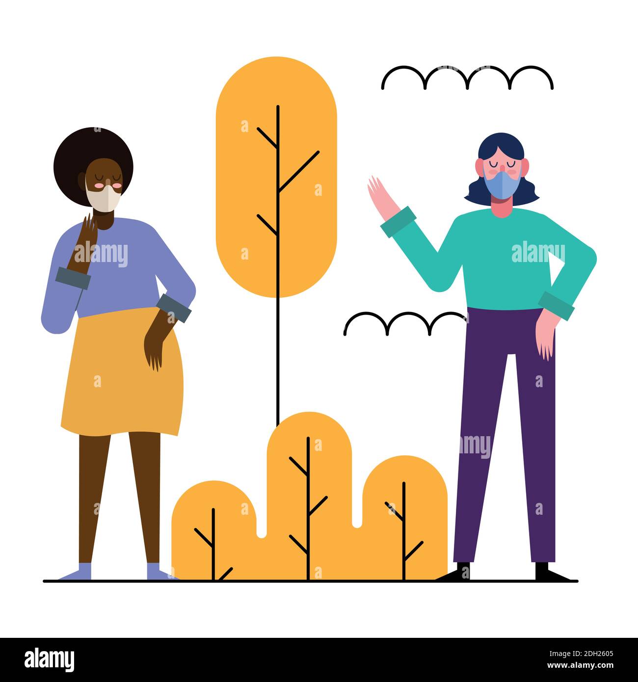 interracial young women couple wearing medical masks vector ...