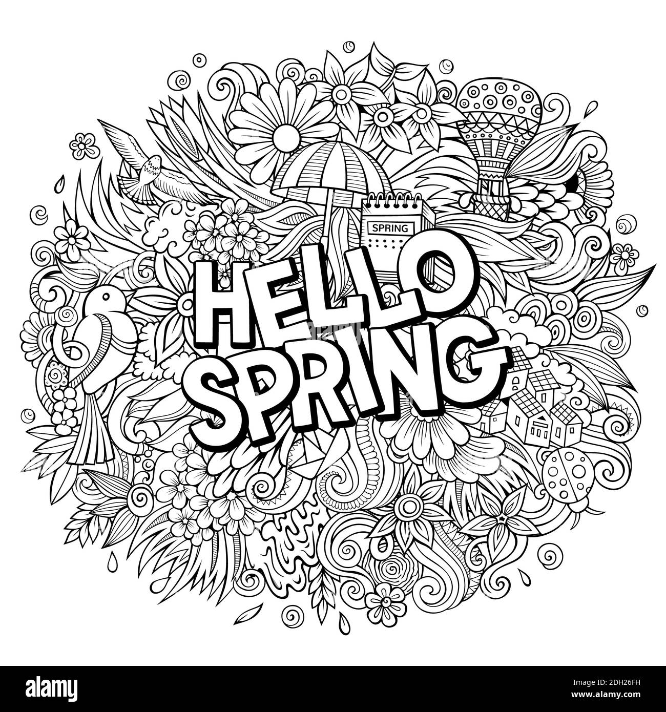 Hello Spring hand drawn cartoon doodles illustration. Funny seasonal design. Creative art raster background. Handwritten text with nature elements and Stock Photo