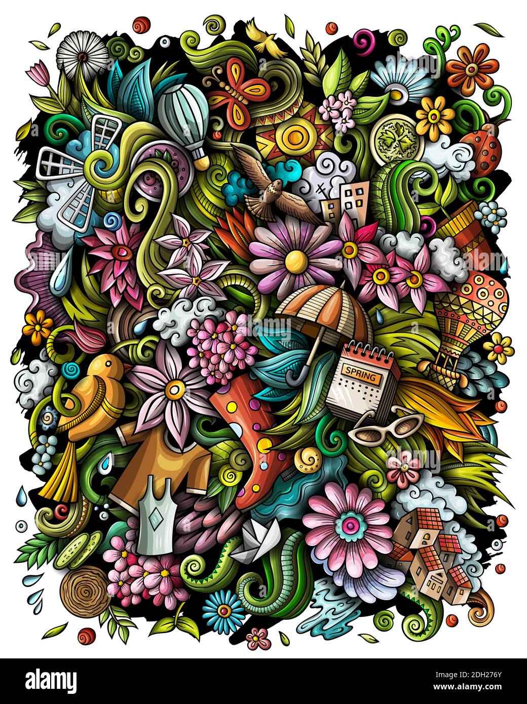 Spring hand drawn raster doodles illustration. Nature poster design ...