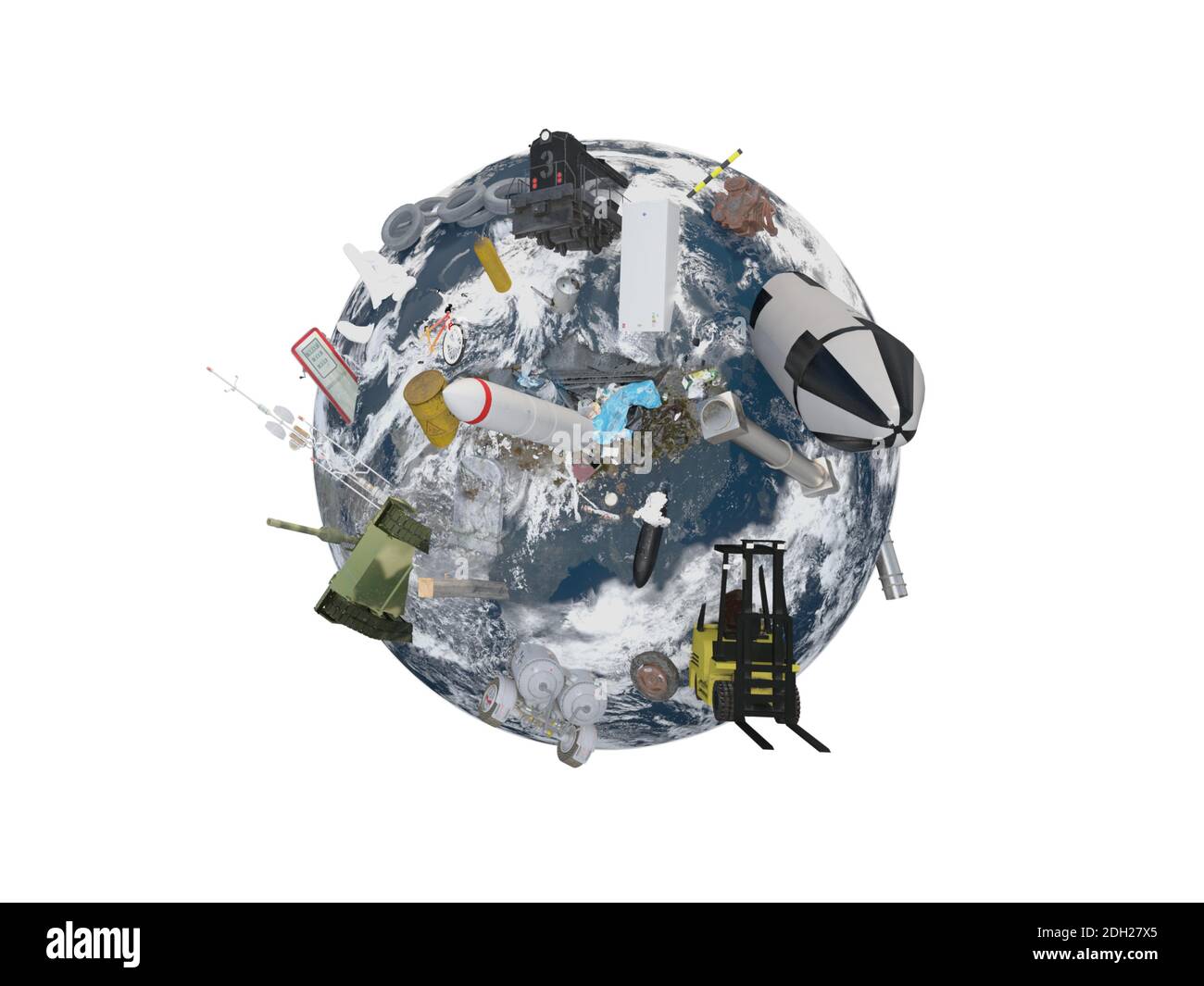 Round earth pollution war on white background - 3d rendering Stock Photo