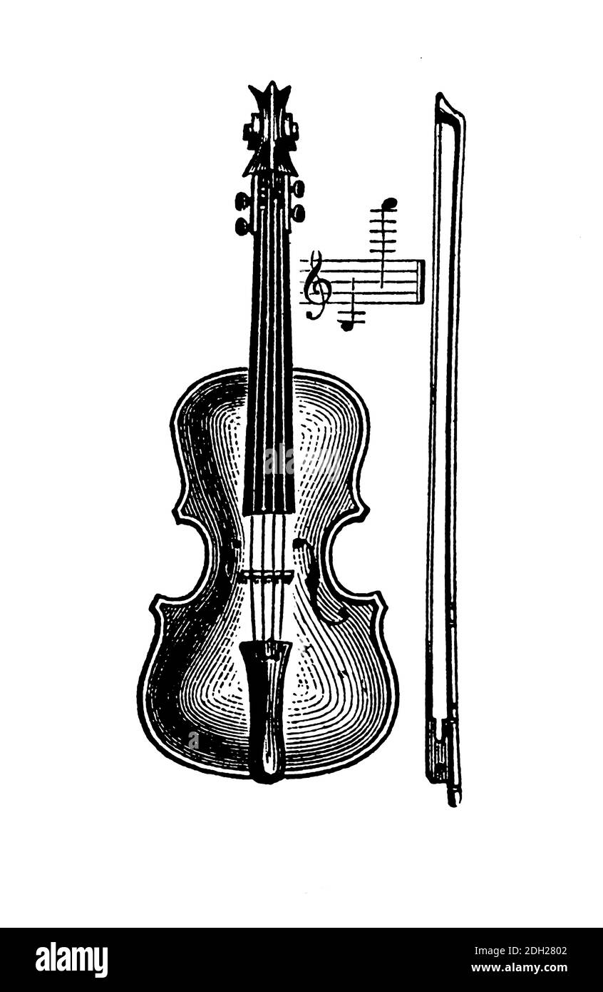 Musical instrument: violin with its classical shape and fiddlestick ...