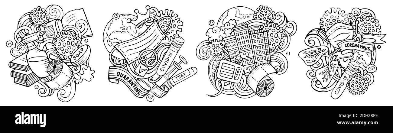 Epidemic cartoon raster doodle designs set. Sketchy detailed compositions with lot of Stay Home objects and symbols. Isolated on white illustrations. Stock Photo