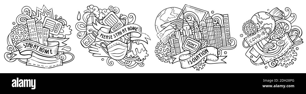 Epidemic cartoon raster doodle designs set. Line art detailed compositions with lot of Stay Home objects and symbols. Isolated on white illustrations. Stock Photo