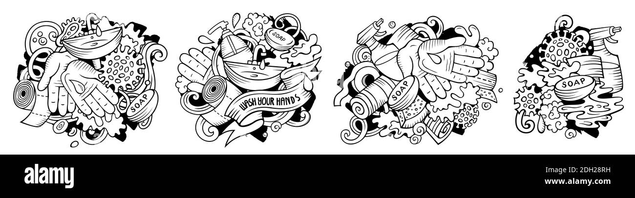 Hand Wash cartoon raster doodle designs set. Line art detailed compositions with lot of Stay Home objects and symbols. Isolated on white illustrations Stock Photo
