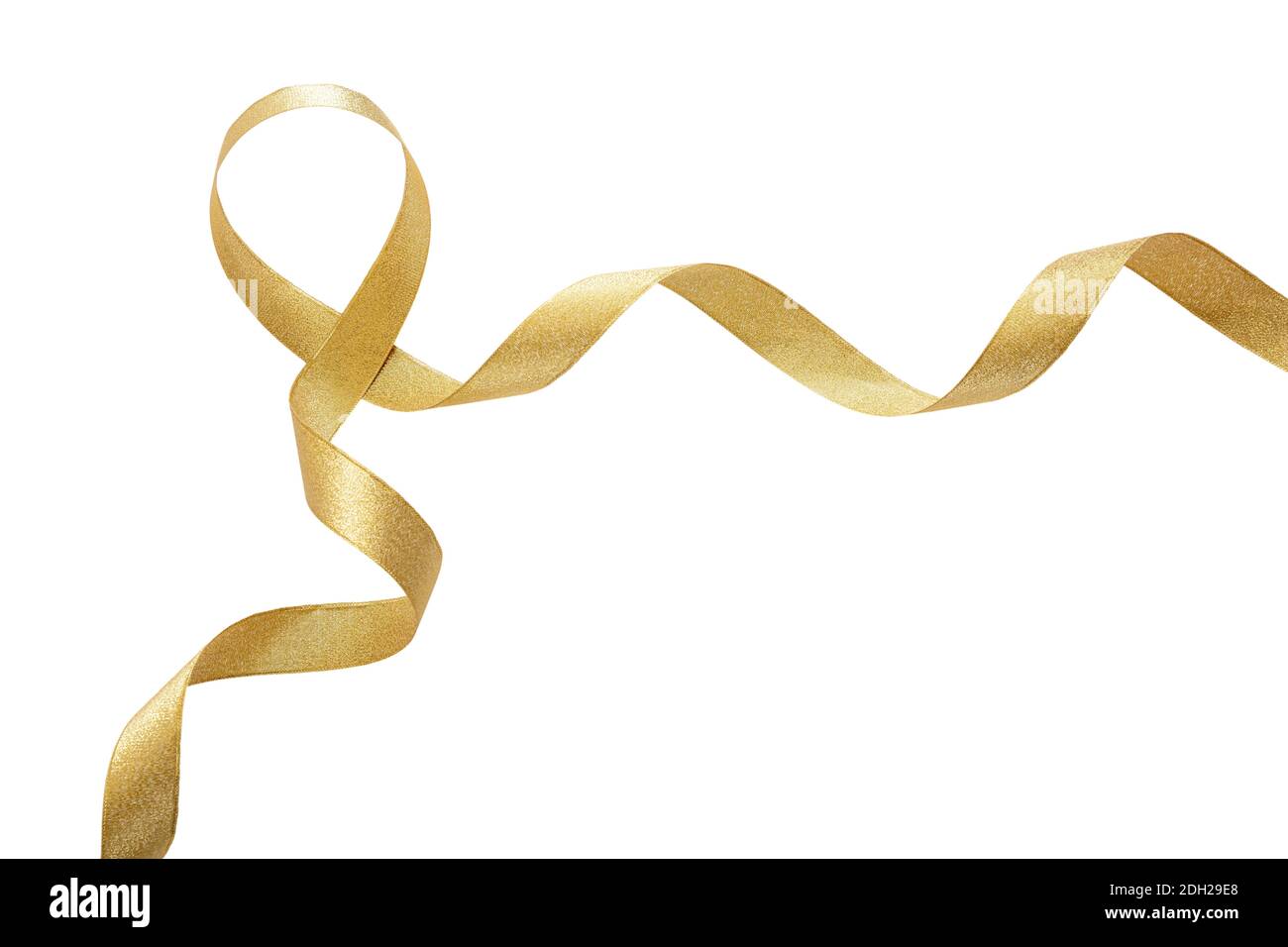 A curly gold ribbon for Christmas and birthday present banner isolated  against a white background Stock Photo - Alamy