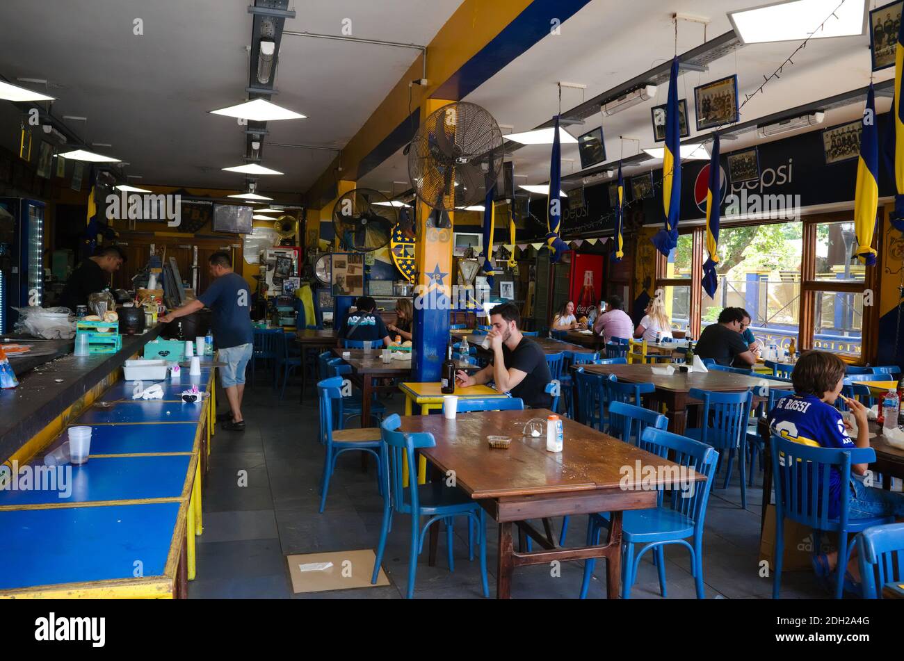 Buenos Aires, Argentina - January, 2020: Interior of cafe opposite of La Bombonera stadium - home stadium of FC Boca Juniors located in La Boca Stock Photo