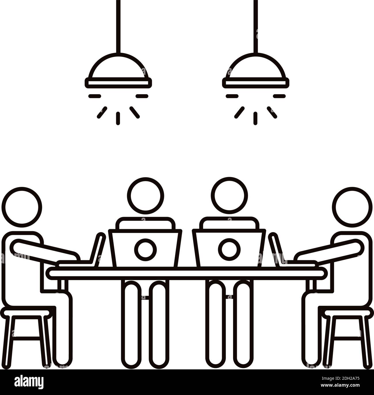 four workers in table with laptops coworking line style icon vector ...