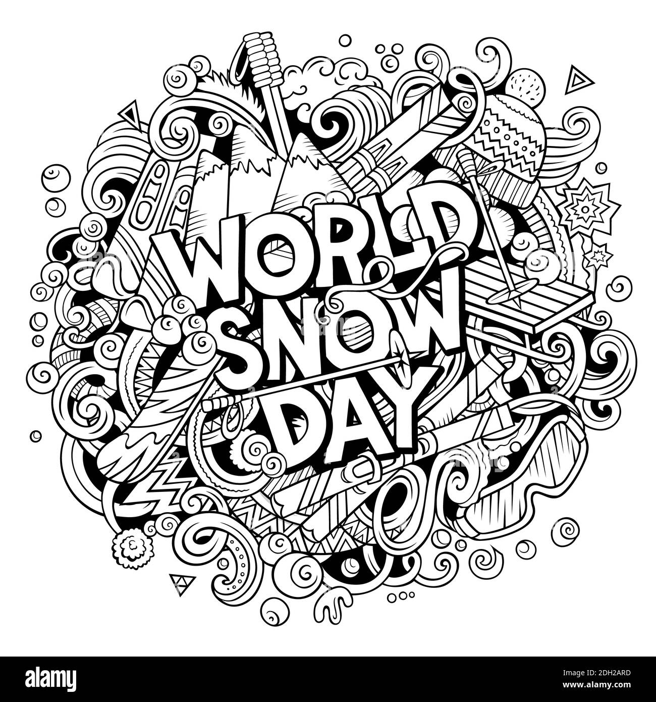 World Snow Day hand drawn cartoon doodles illustration. Funny objects and elements poster design