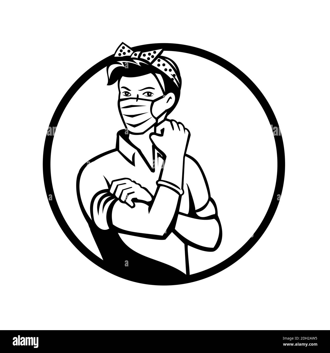 Rosie The Riveter Wearing Mask Circle Black and White Stock Photo