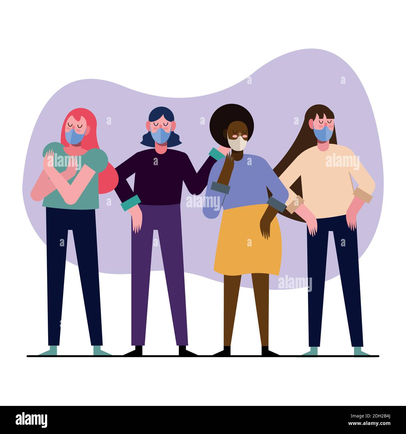 interracial young women group wearing medical masks vector illustration ...