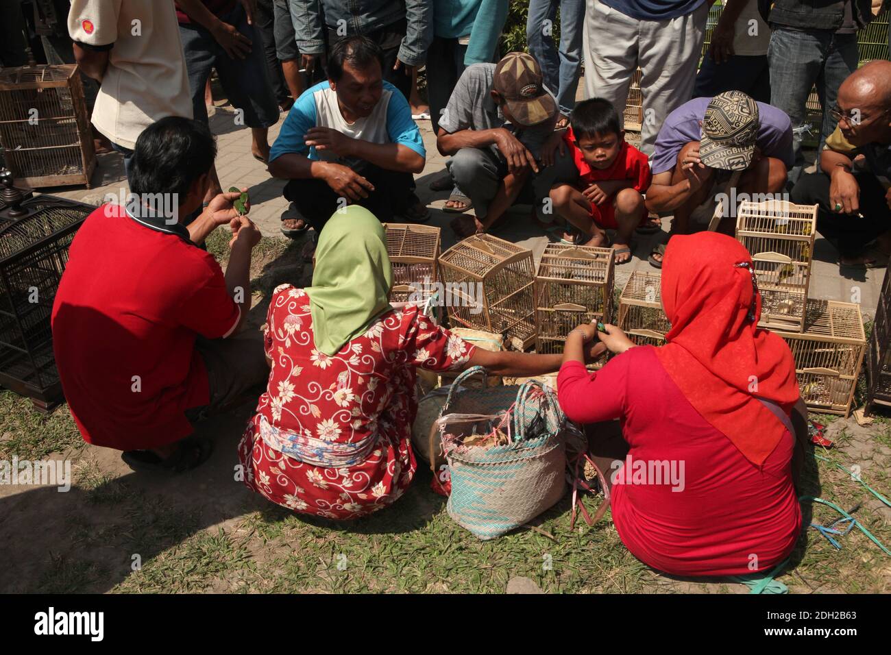 People sit in front of the bird cages at the bird market in Yogyakarta in Central Java, Indonesia. Stock Photo