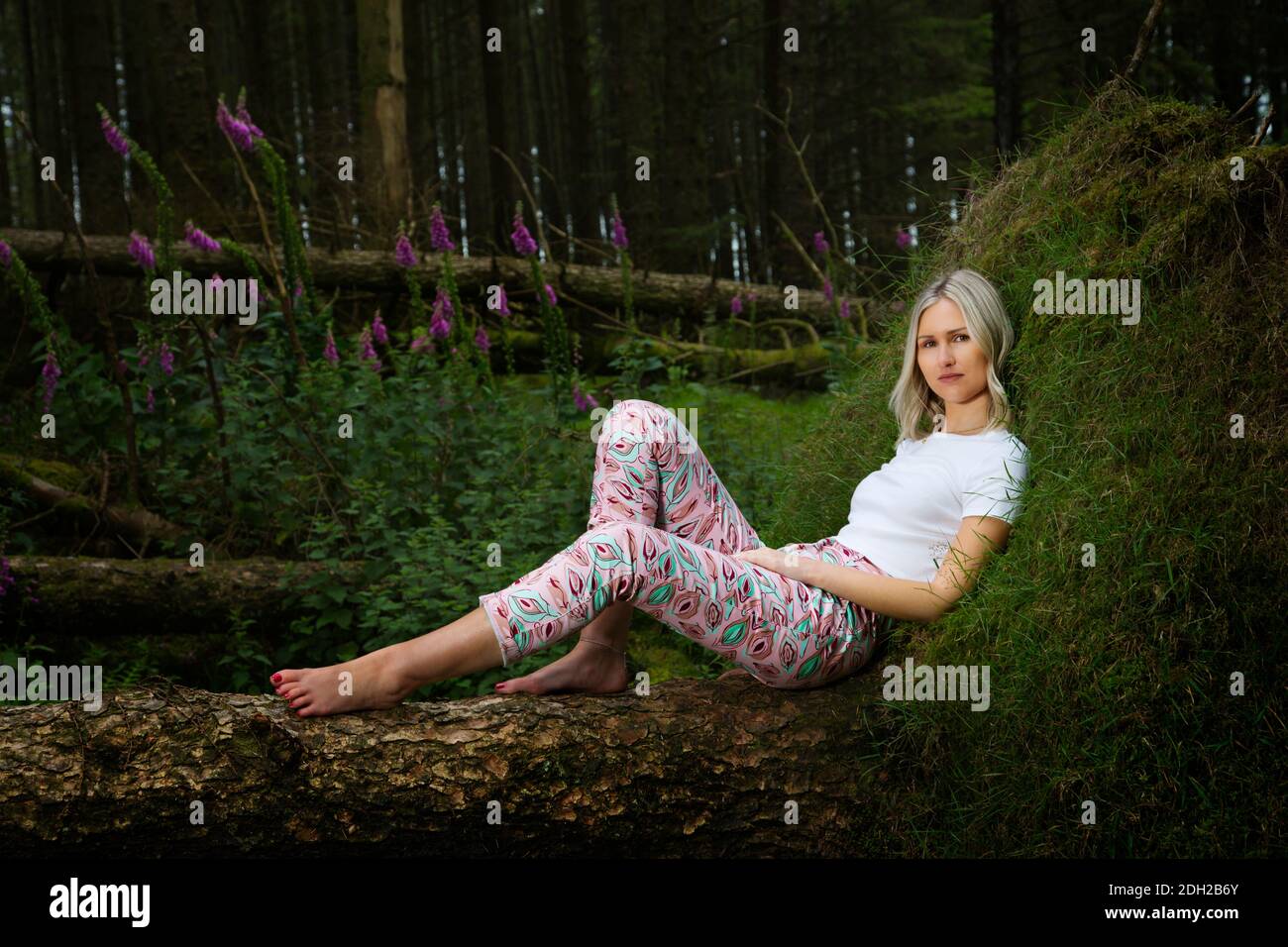 A young model with silver hair out in the countryside Stock Photo