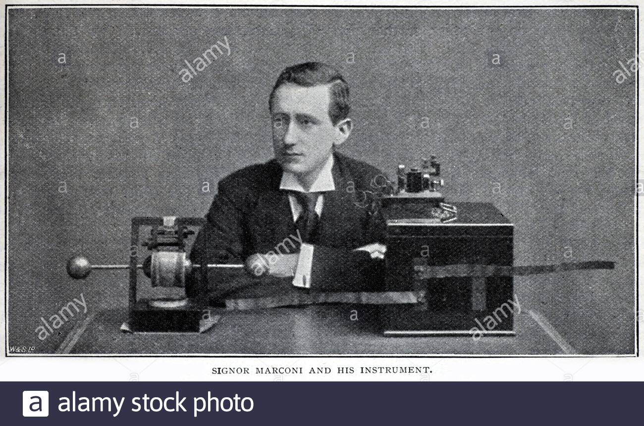 Marconi, 1874 – 1937, was an Italian inventor and electrical engineer, known for his pioneering work on long-distance radio transmission, vintage illustration from the 1890s Stock Photo