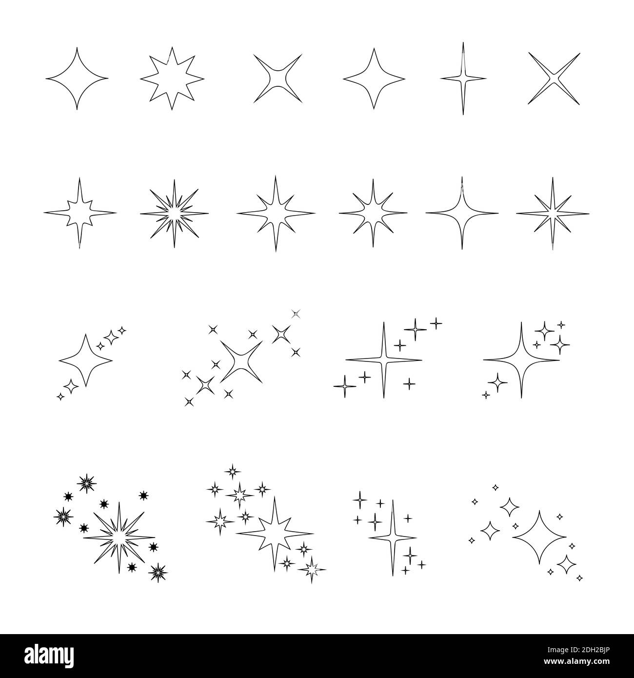 Set of outline stars sparkles and twinkles icons isolated on white ...