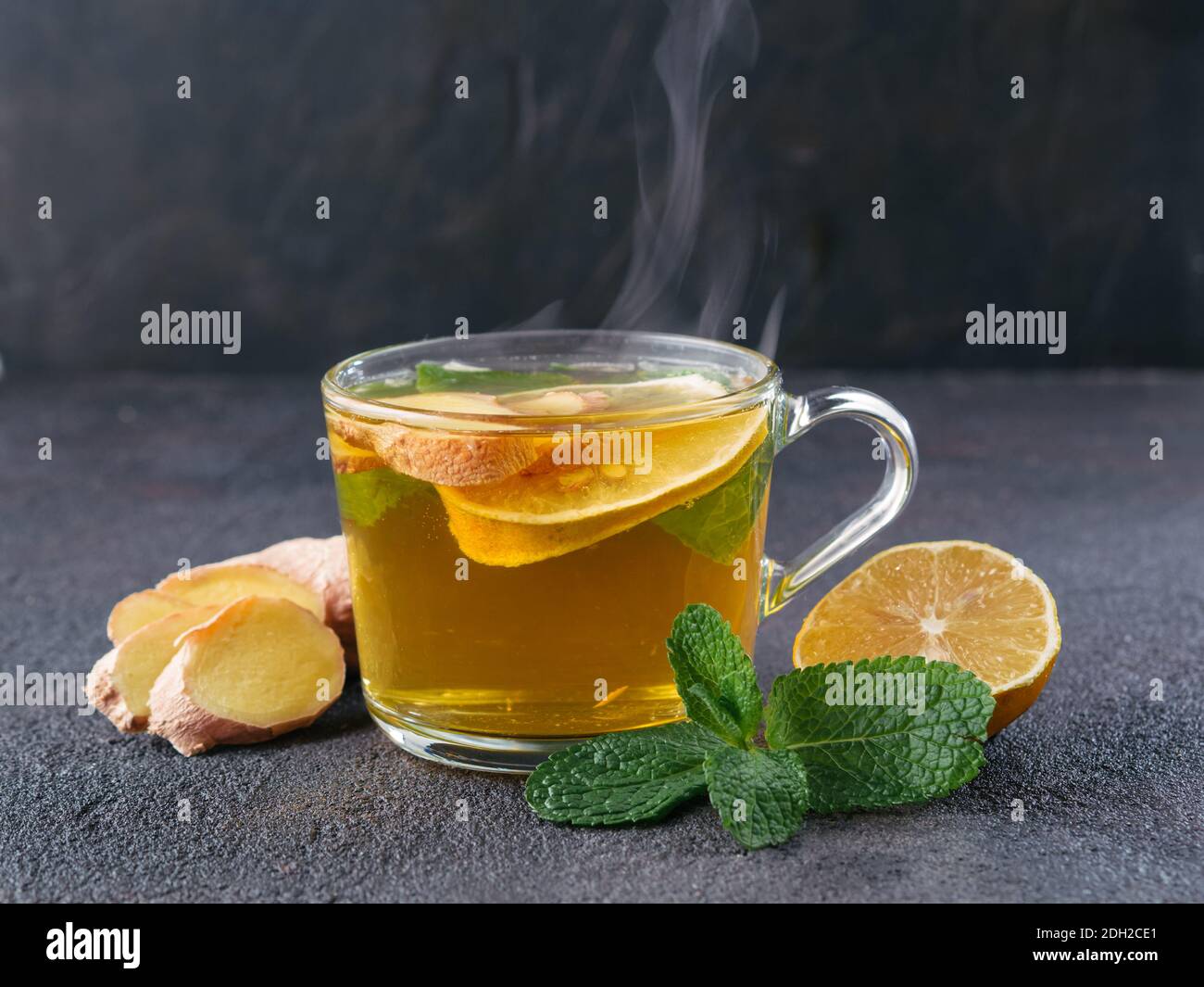 Herbal tea with ginger, mint and lemon Stock Photo