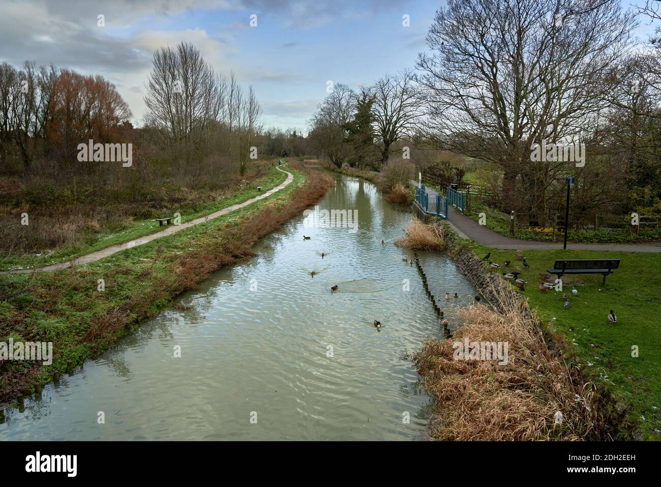 The River Slea in Sleaford looking North over Eastgate Green on a December Morning Stock Photo