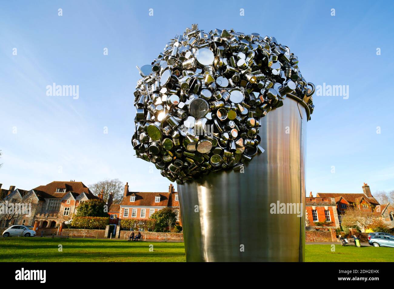 When Soak Becomes Spill by Subodh Gupta installed at Choristers Square, Salisbury, Wiltshire. Stock Photo