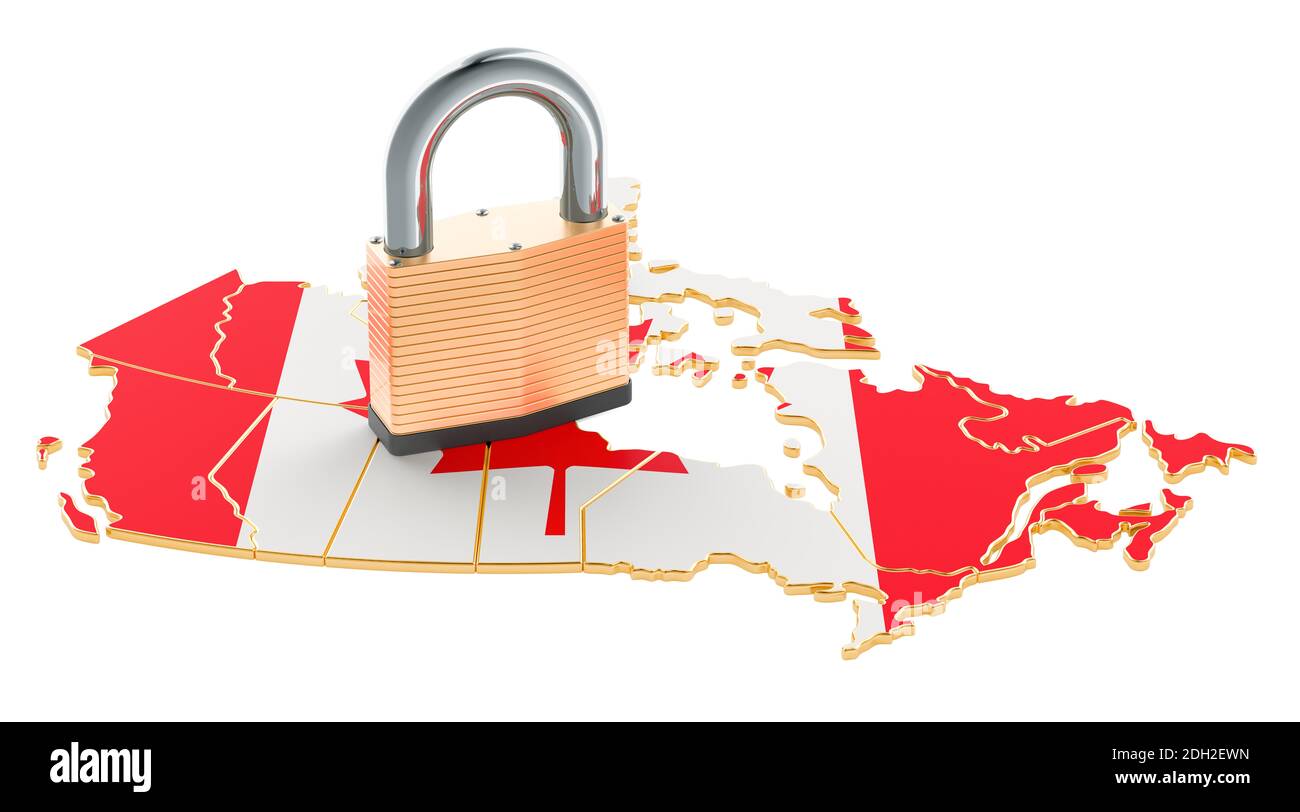 Lockdown in Canada. Padlock with map, border protection concept. 3D