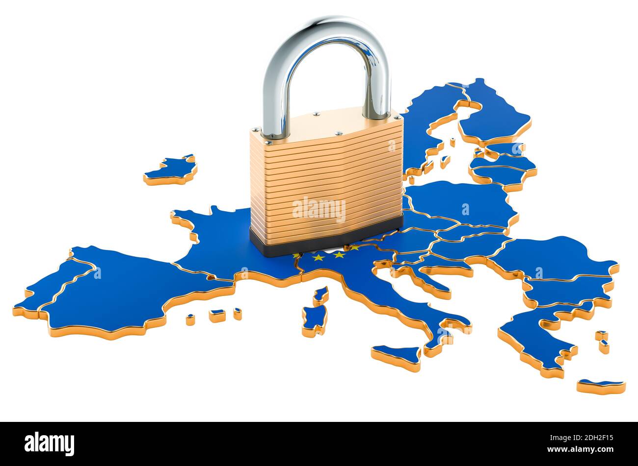 Lockdown in the European Union. Padlock with map, border protection ...