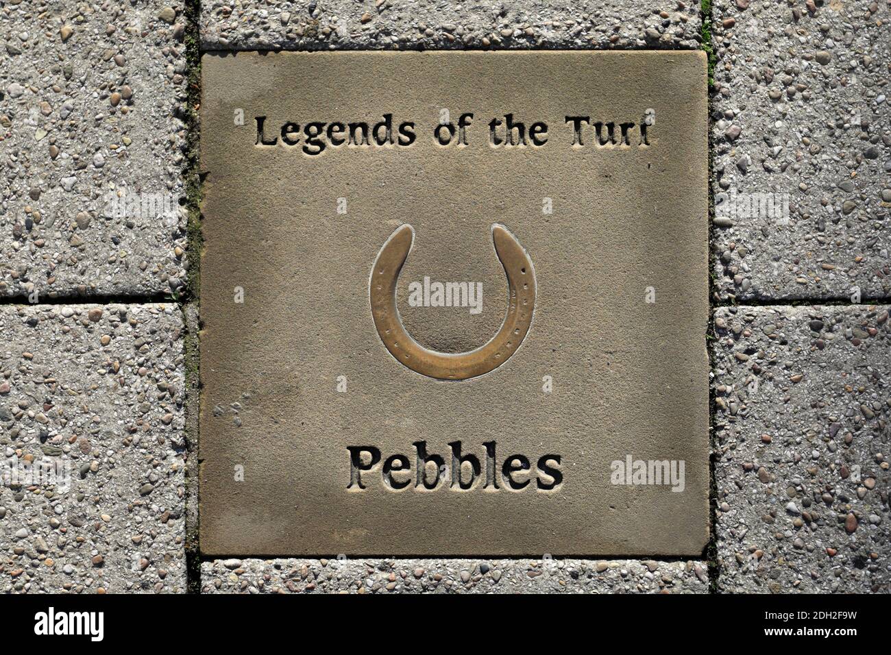 Legends of the Turf plaque to the horse Pebbles, Newmarket town, Suffolk, England, UK Stock Photo