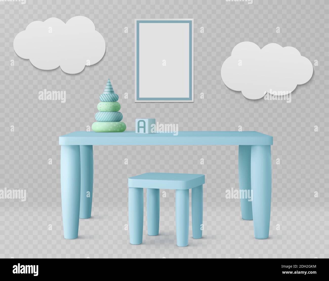 Child room with kids table, chair, white poster and clouds on wall. Vector  realistic set of