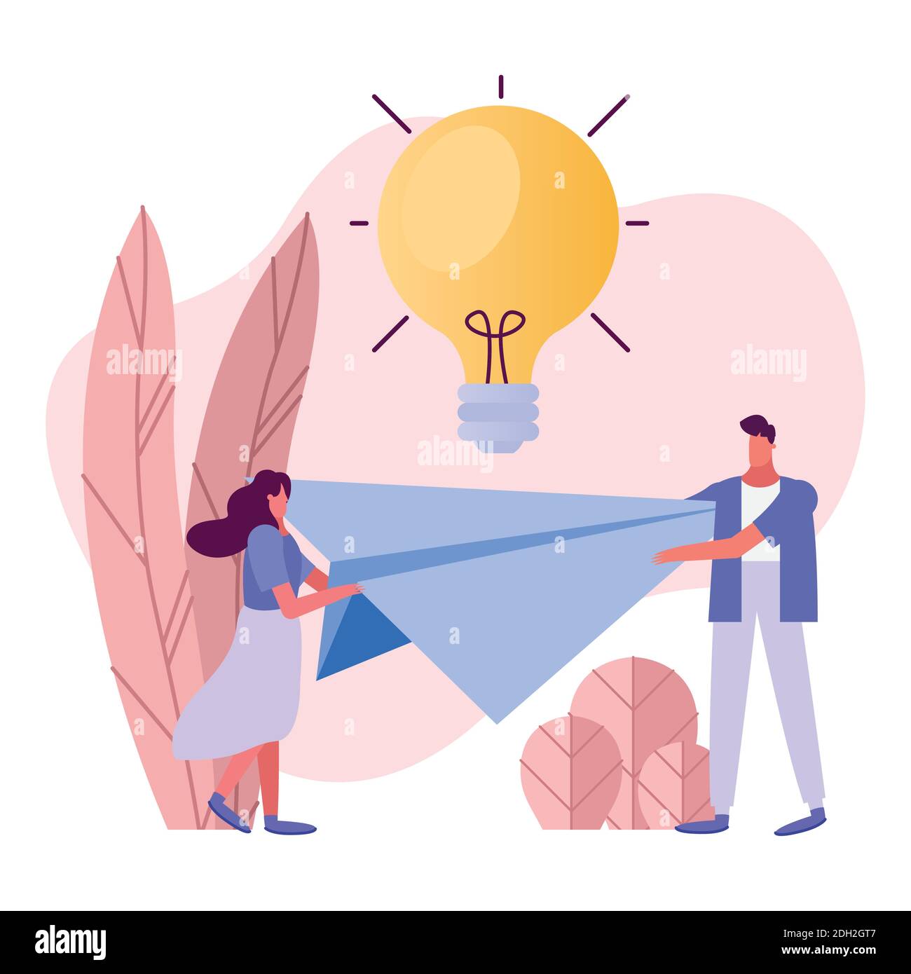 young couple lifting paper airplane and bulb creative characters vector illustration design Stock Vector