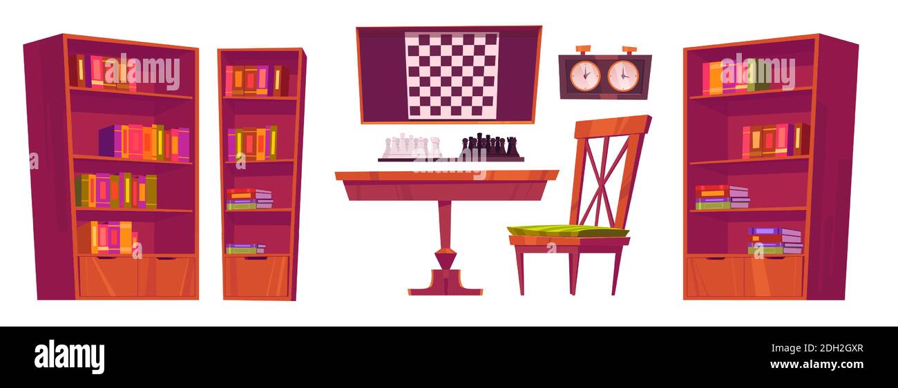 Chess club interior with board, pieces and clock. Vector cartoon set of ...
