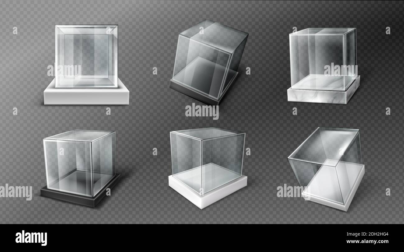 Download Glass Cube Boxes On Black White And Marble Stand Empty Clear Square Showcases On Plastic Podiums Vector Realistic Mockup Of 3d Acrylic Or Plexiglass Boxes Isolated On Transparent Background Stock Vector Image