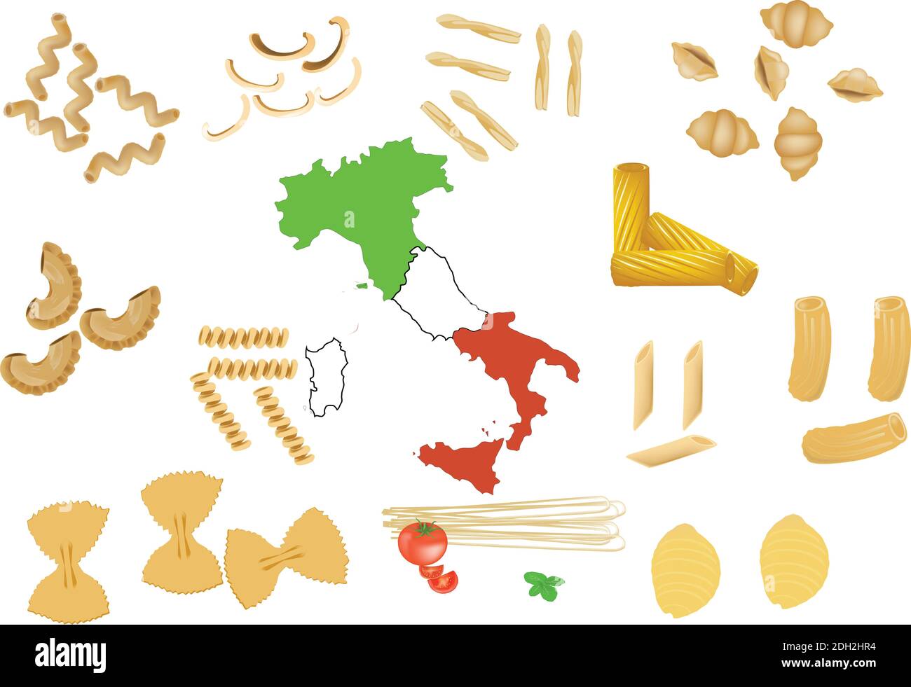 An illustration of the Italian map with different pasta types isolated