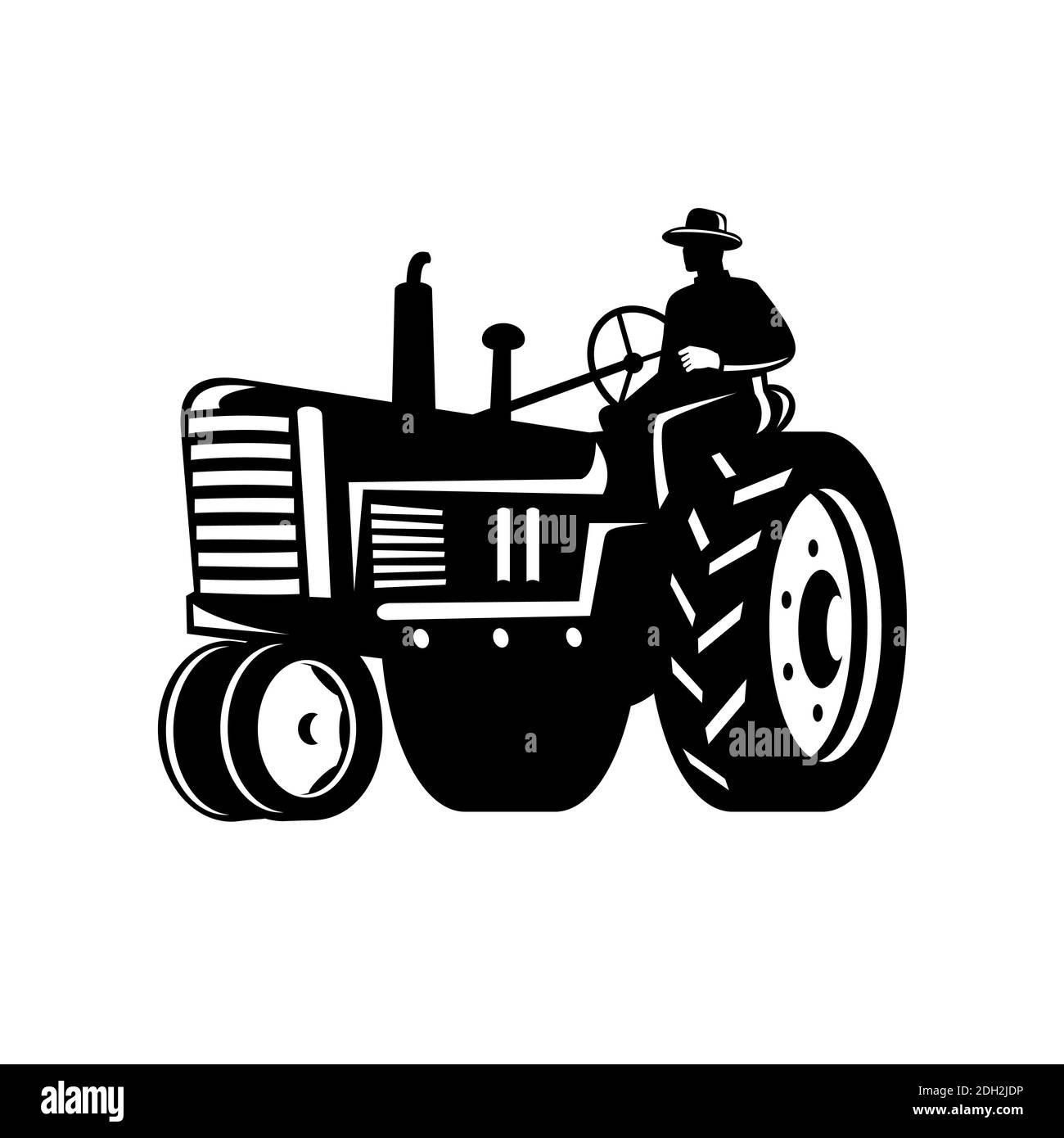 Organic Farmer Driving Vintage Tractor Retro Silhouette Black and White Stock Photo