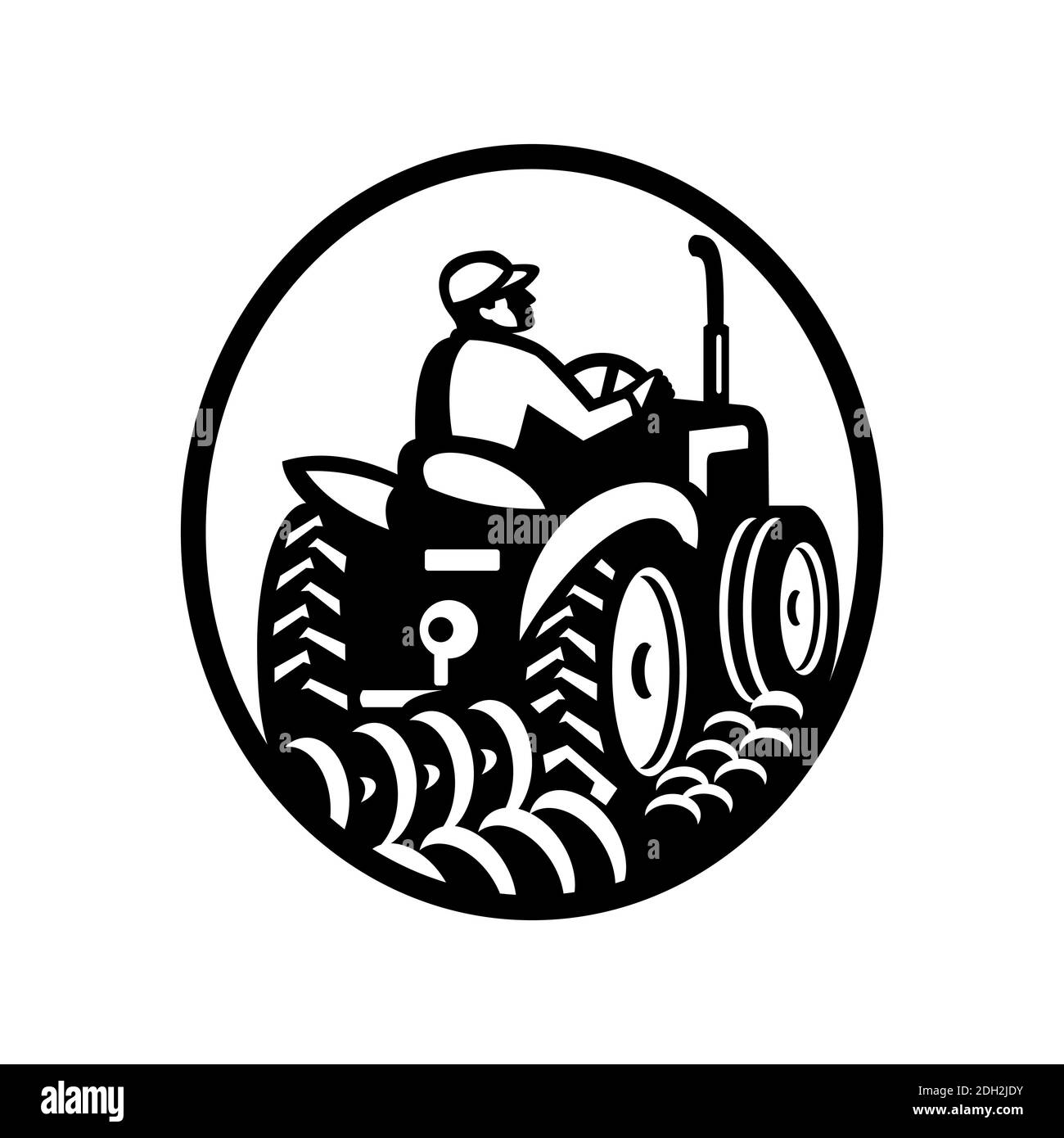 Organic Farmer Plowing Field With Vintage Tractor Oval Retro Monochrome Stock Photo