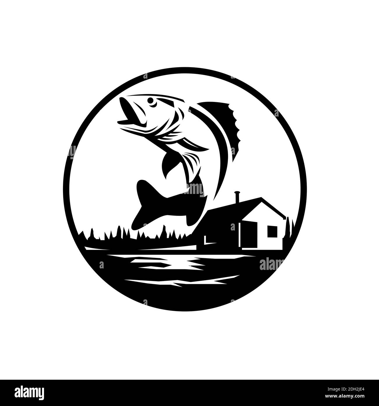 Walleye Fish Jumping on Lake With Lodge Cabin Circle Black and White Retro Stock Photo