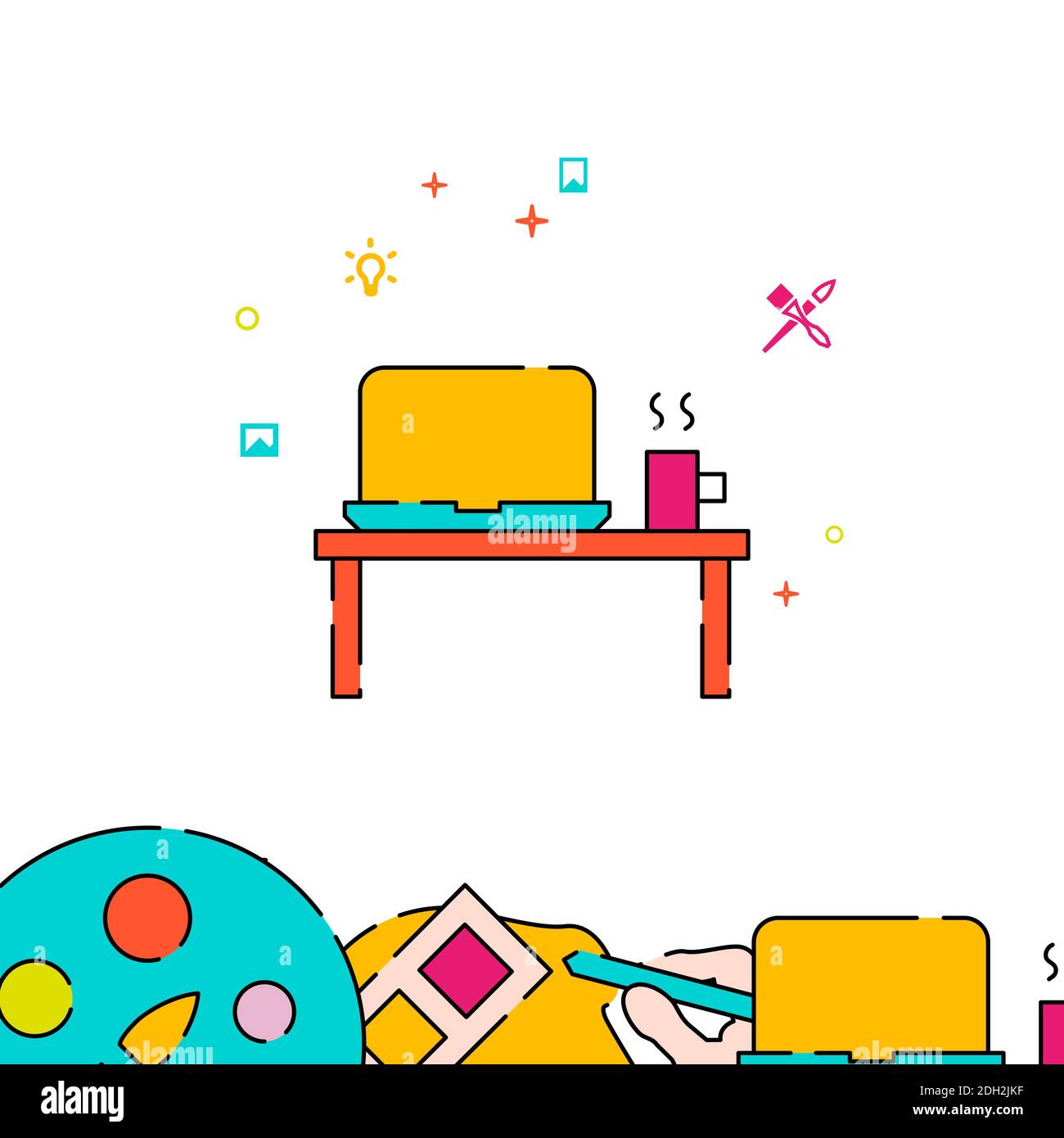 Designer workplace filled line icon, simple illustration, creativity ...