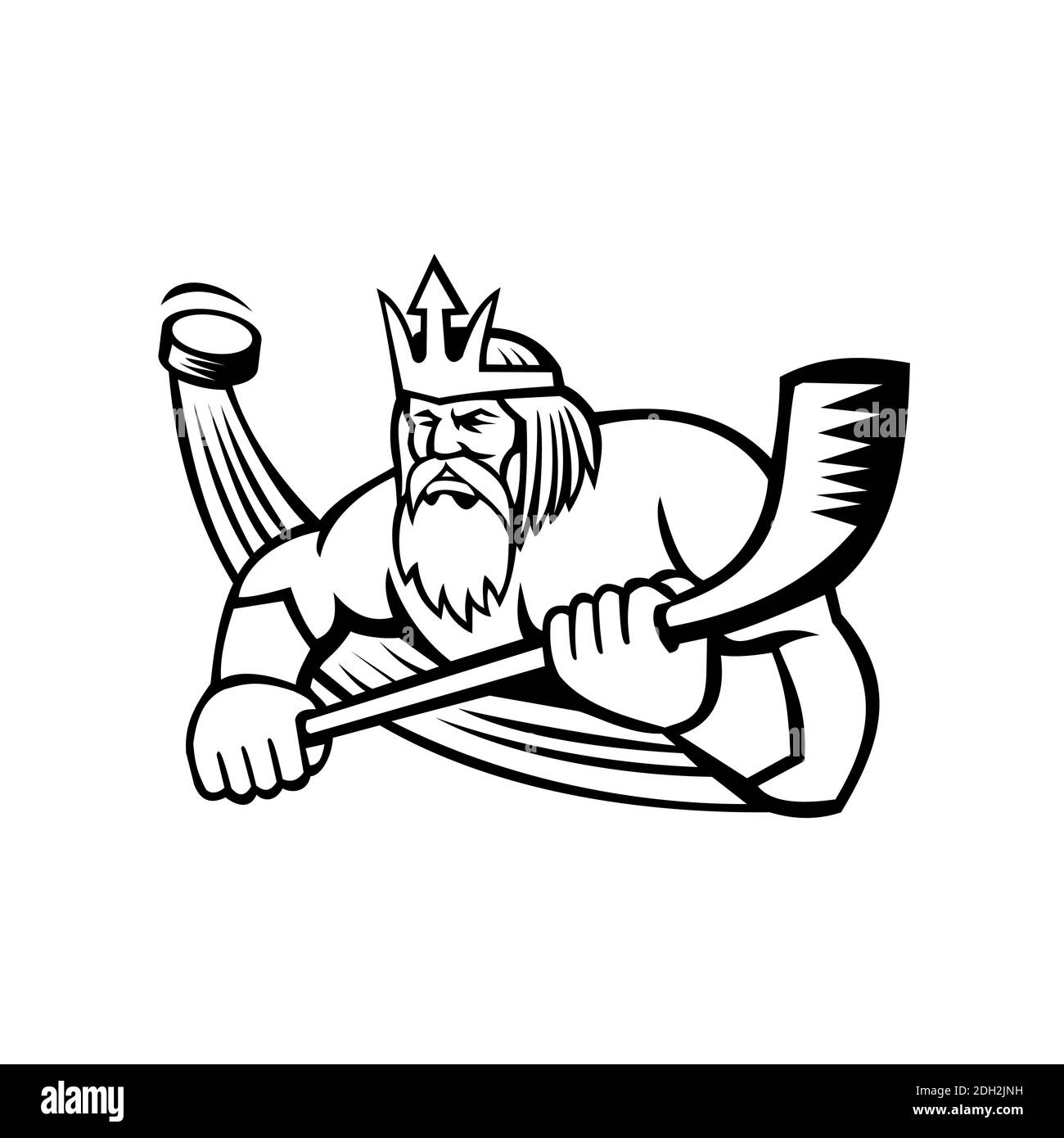 Poseidon Playing Ice Hockey Sports Mascot Black and White Stock Photo