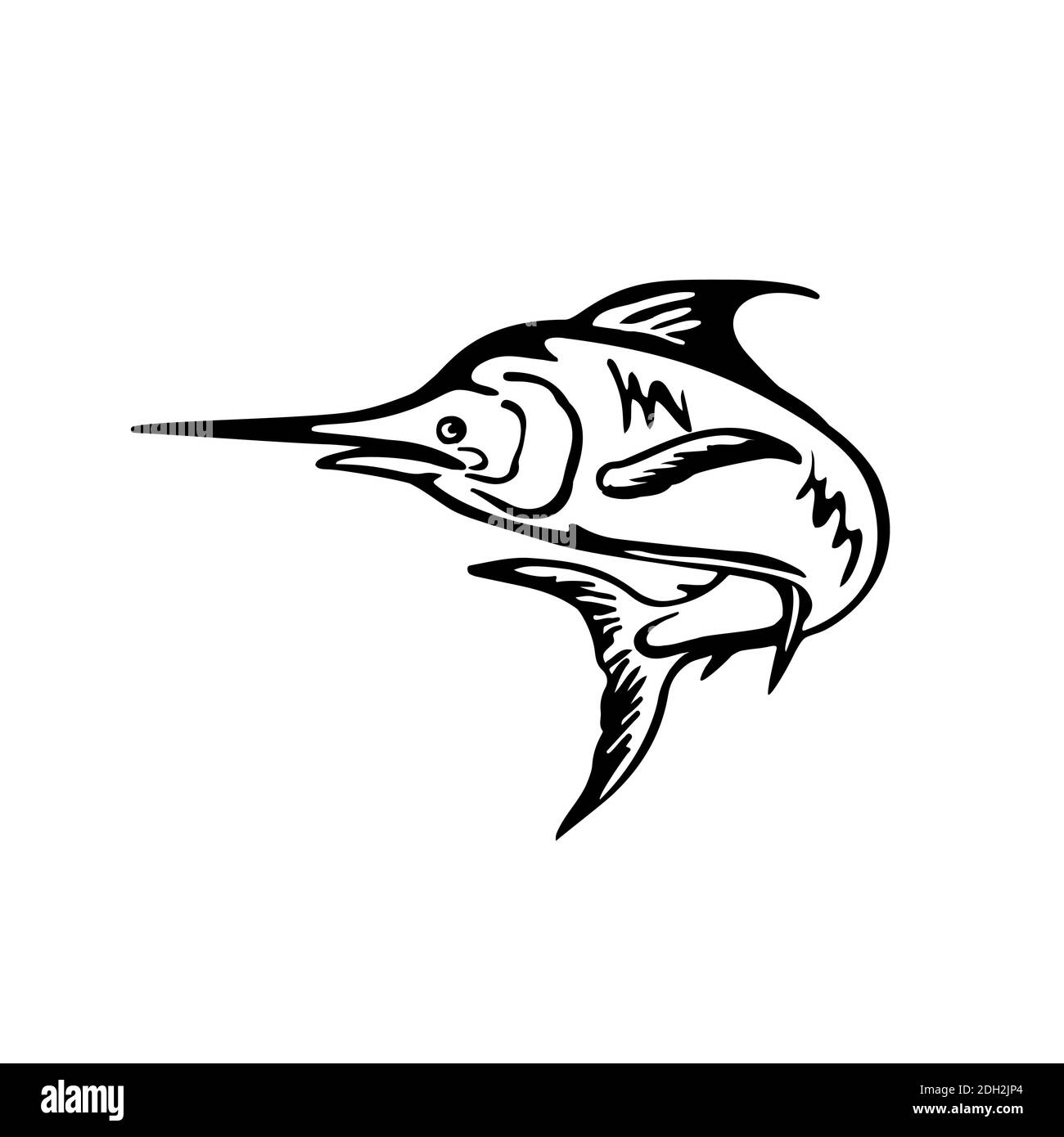 Blue Marlin Fish Jumping Up Black and White Retro Stock Photo - Alamy