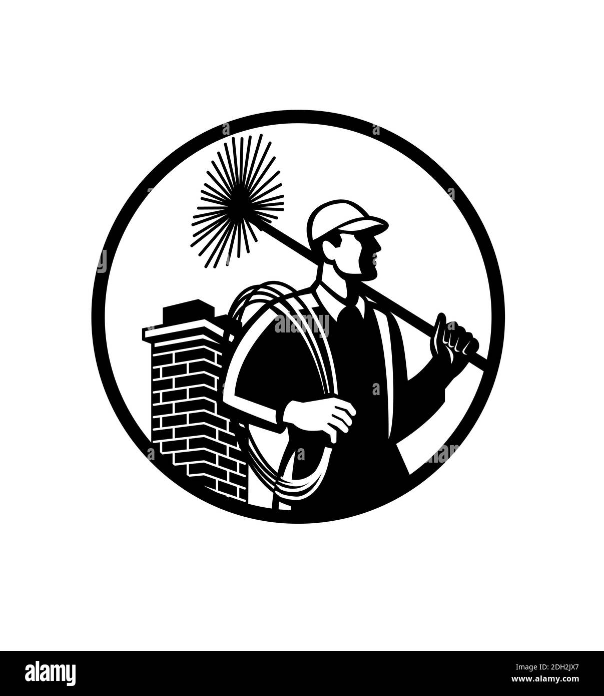 Chimney Sweep Holding Sweeper and Rope Circle Retro Black and White