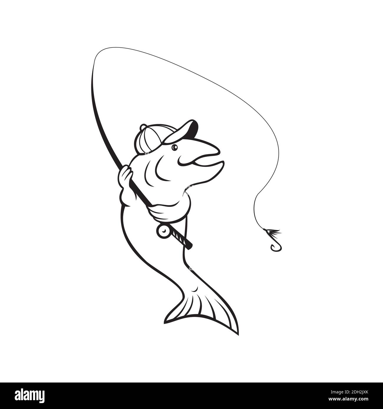 black and white trout with fishing pole Trout Fish With Fishing Rod and Reel Cartoon Black and White Stock Photo