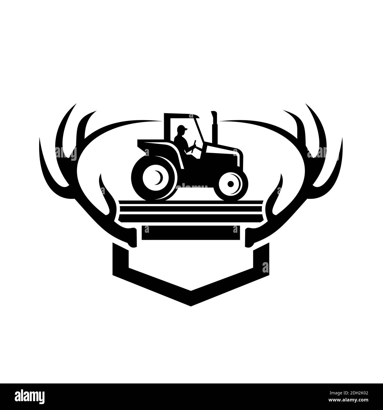 White Tail Deer Antler With Vintage Farm Tractor Side View Retro Black ...