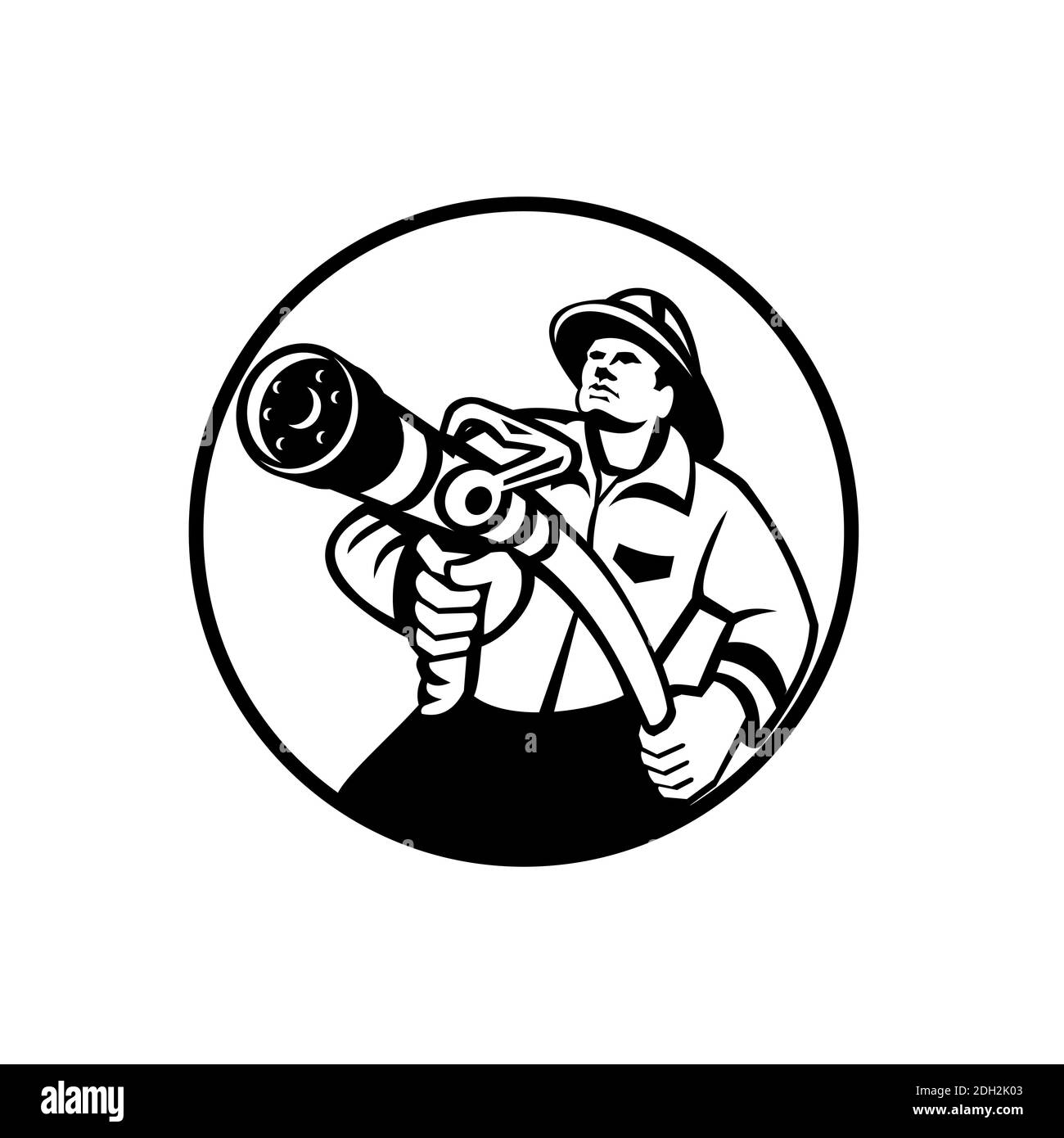 Fireman Firefighter Aiming Fire Hose Circle Black and White Stock Photo ...