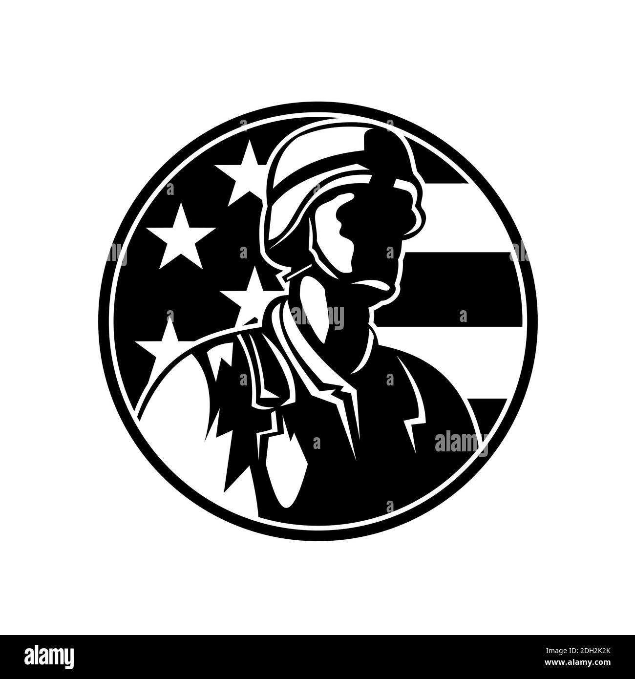 American Soldier Military Serviceman Looking Side USA Stars and Stripes Flag Circle Retro Black and White Stock Photo