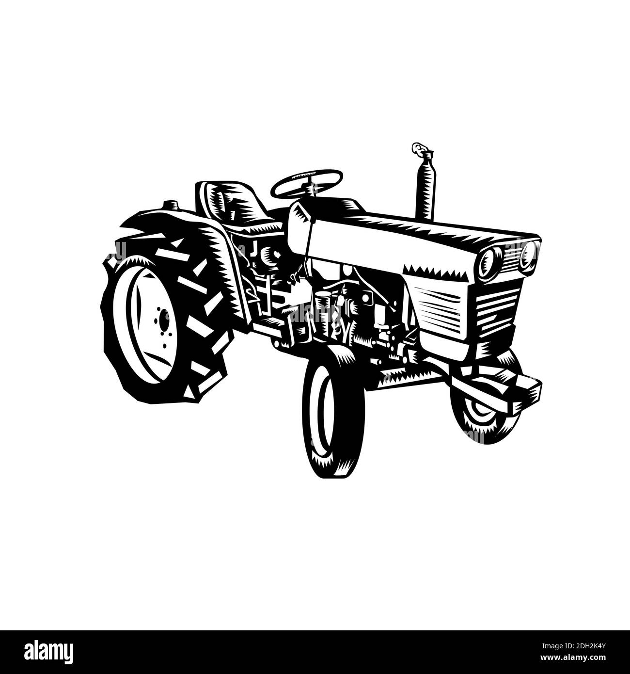 Vintage Farm Tractor Side View Woodcut Black and White Stock Photo