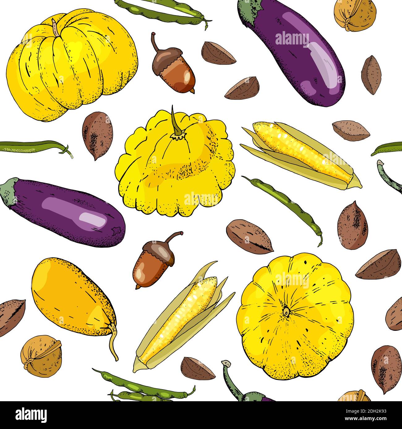 Seamless pattern with different fresh vegetables isolate on white. Endless texture for your design. Stock Vector