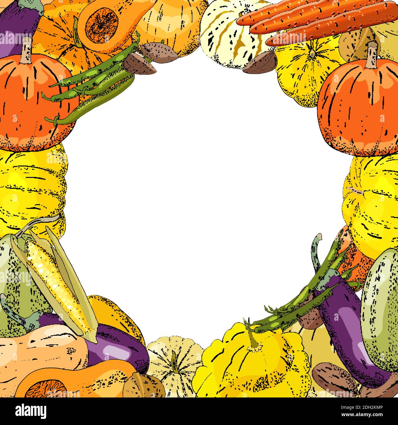 Square autumn template with different fresh vegetables. Stock Vector