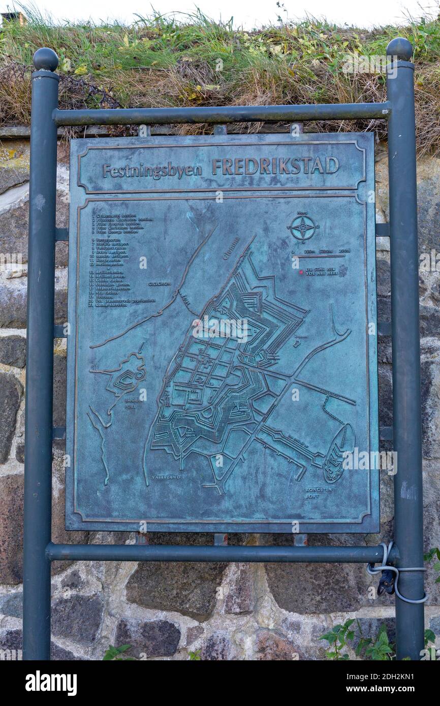 Fredrikstad, Norway - October 28, 2016: Bronze Map Sign Old Town Gamlebyen Fortress in Fredrikstad, Norway. Stock Photo