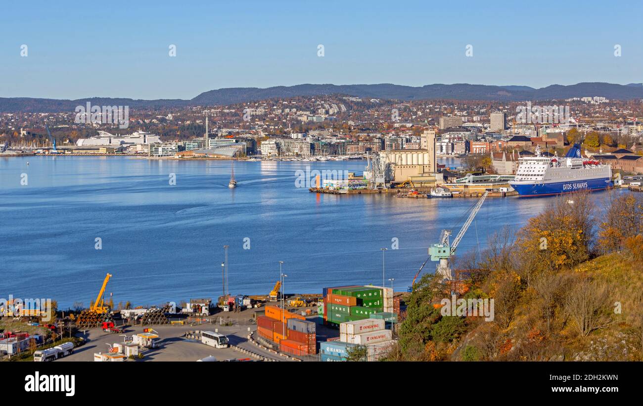 Oslo, Norway - October 29, 2016: Cityscape Fjord at Autumn Day from Cargo Port in Oslo, Norway. Stock Photo