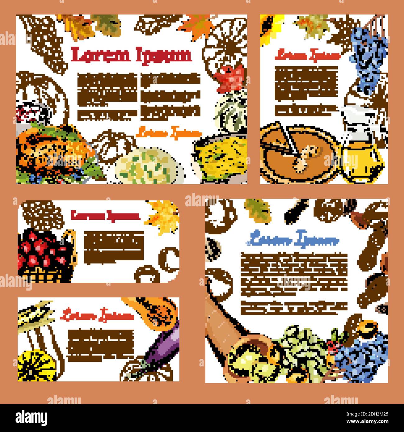 Greeting posters and banners with symbols of thanksgiving - roast Turkey, pumpkin pie,pumpkin, cranberry sauce, mashed potatoes, green beans, mashed p Stock Vector