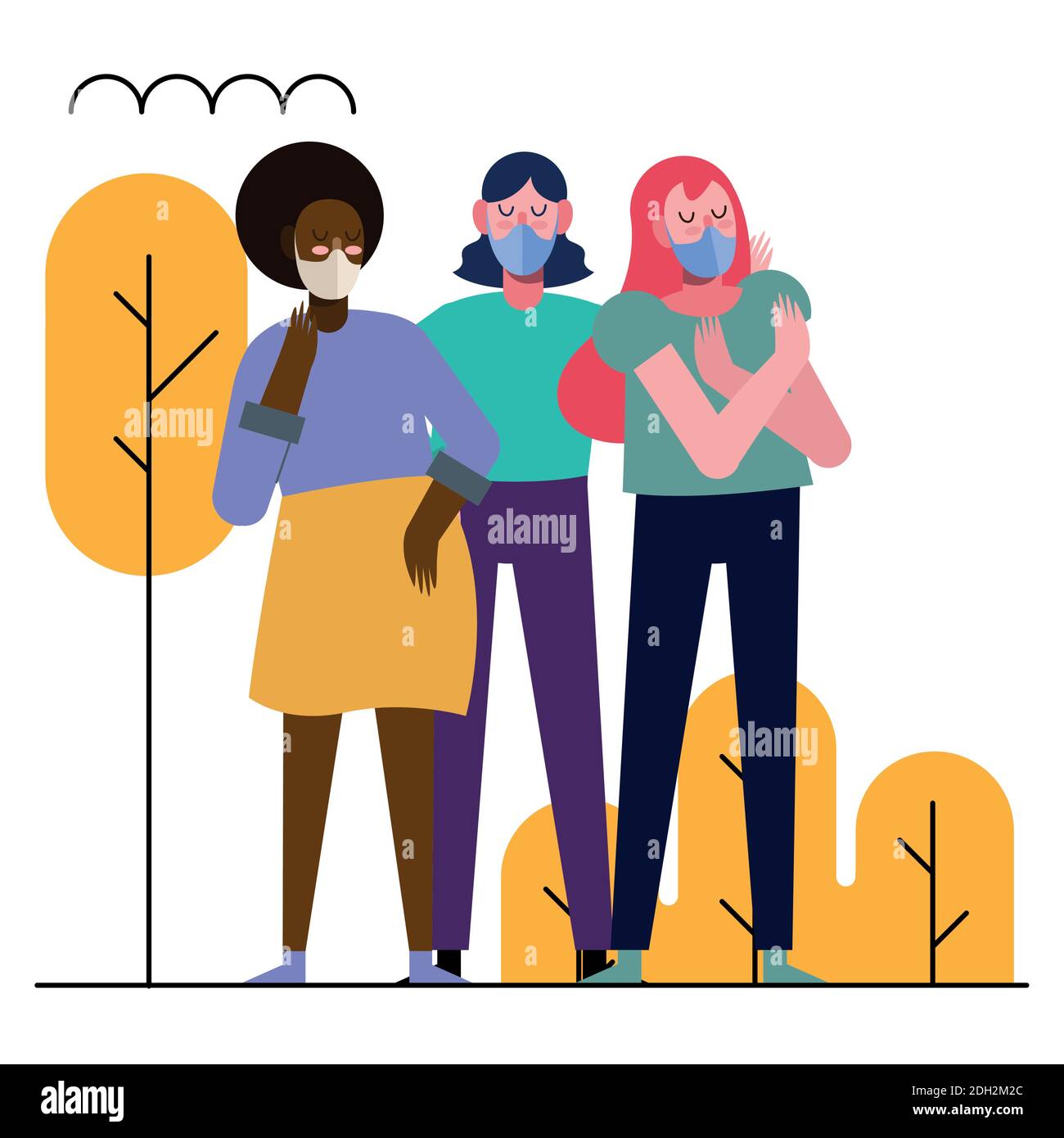 interracial young women wearing medical masks vector illustration ...
