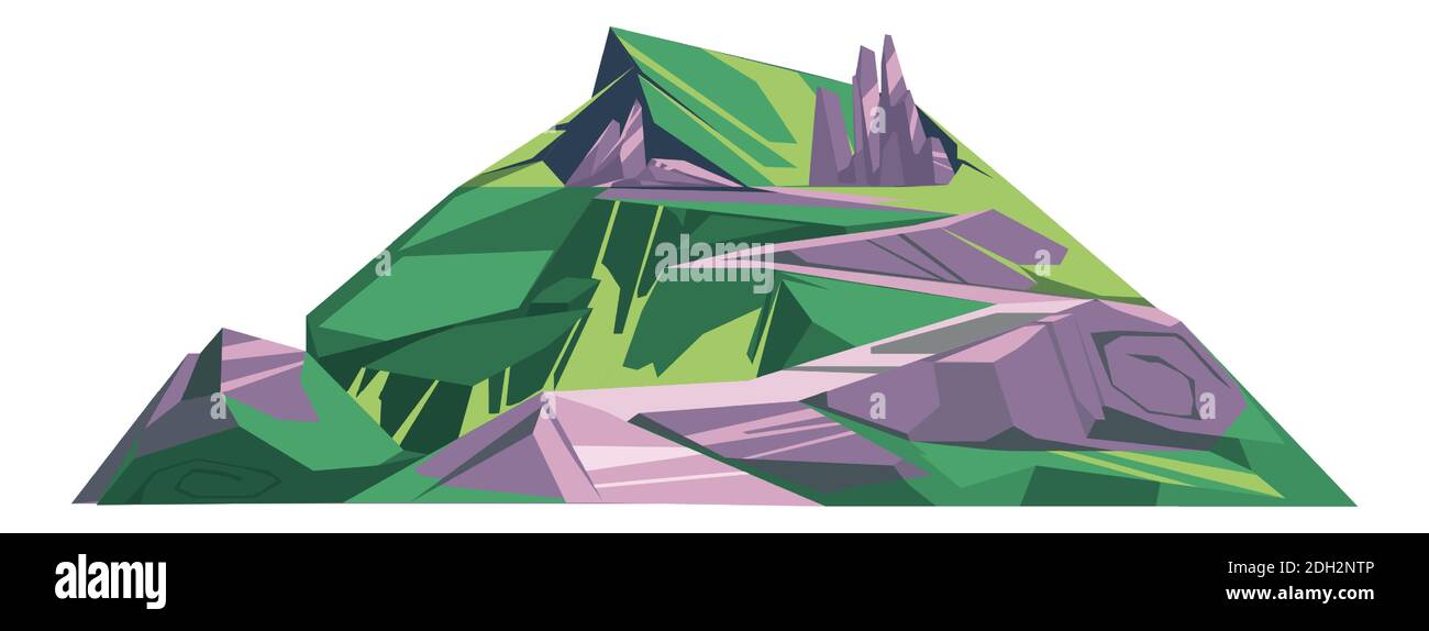 Huge hill with green grass, gray stone boulder or rock cartoon vector illustration, landscape element Stock Vector