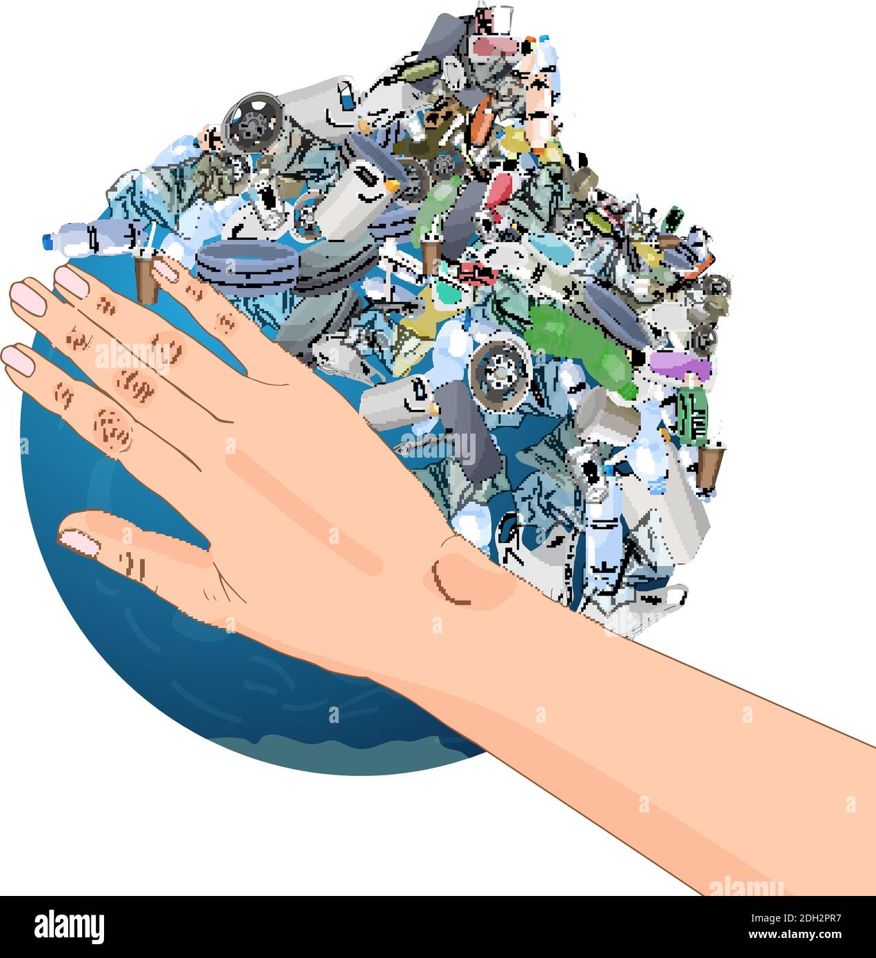 The pollution, garbage, plastic, bags on the planet. The concept of ecology and the World Cleanup Day. Stock Vector